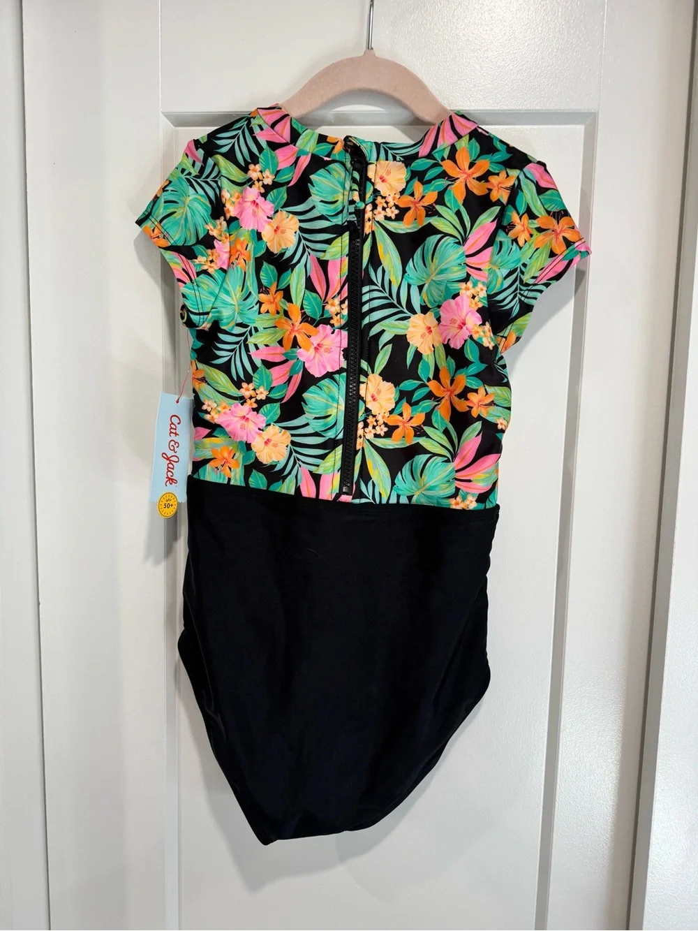 Kids Floral Tropical Short-Sleeve One-Piece Swimsuit - Black & Multi